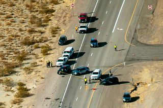 nevada highway patrol works the scene of a fatal crash involving multiple bicyclists and a box truck along us highway 95 southbound near searchlight, nev, thursday, dec 10, 2020 le baskowlas vegas review journal via ap