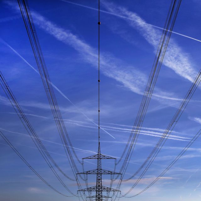 Sky, Blue, Overhead power line, Electricity, Daytime, Line, Electrical supply, Atmosphere, Cloud, Wire, 