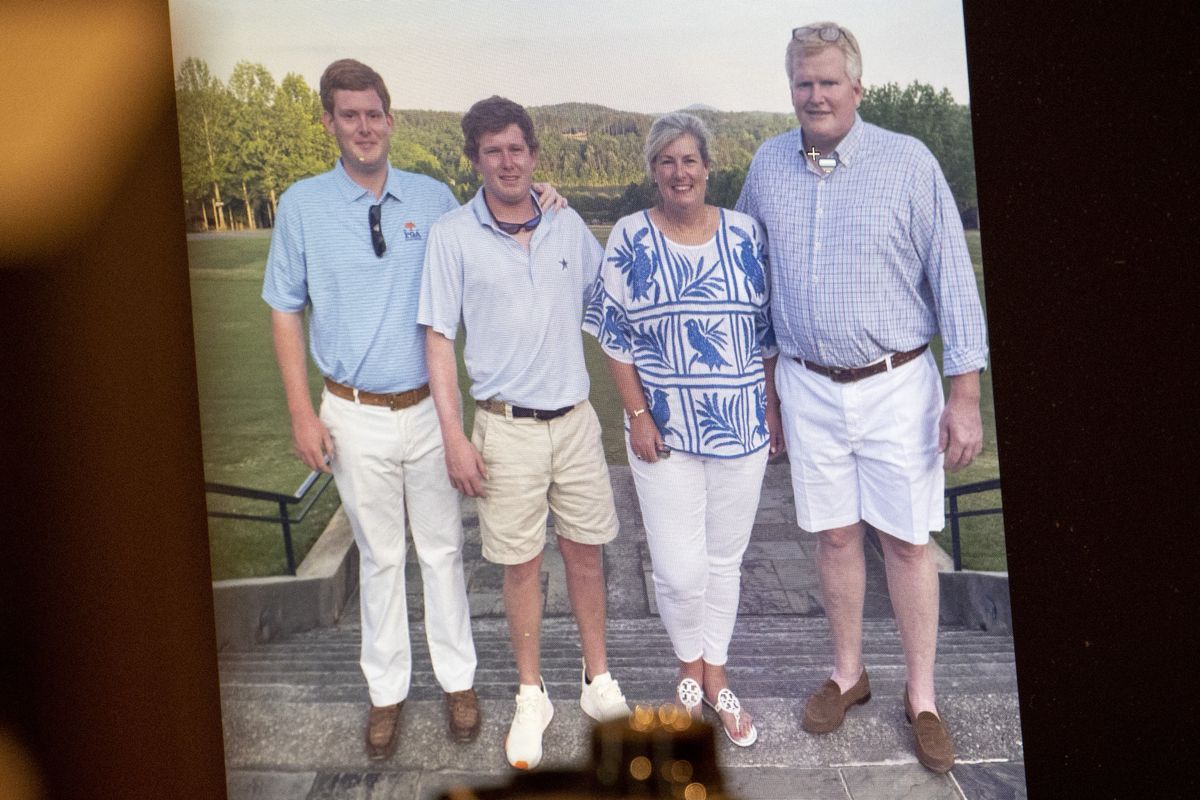 a family photo of buster, paul, maggie and alex murdaugh from the murder trial of alex murdaugh at the colleton county courthouse in south carolina