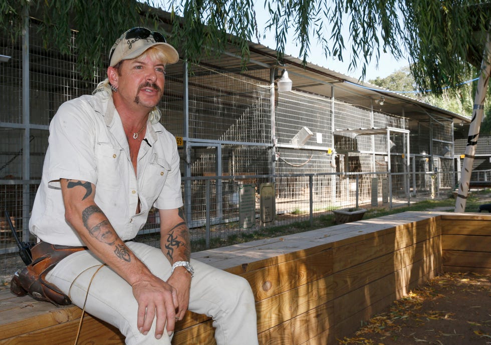 joe exotic sitting on a stone wall in front of zoo animal cages