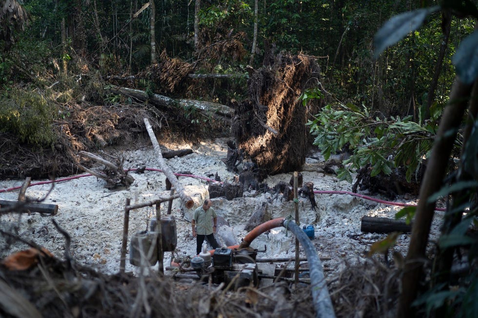 Een illegale goudwinning in het territorium van de Munduruku langs de Tapajsrivier in de deelstaat Par De mijnbouw richt een ravage in de natuur aan en zaait onrust onder de veertienduizend Munduruku die in het gebied leven Volgens officile schattingen wordt in de deelstaat elk jaar bijna dertig ton goud illegaal gewonnen Critici zeggen dat de illegale mijnbouw een gewelddadige en kapitaalintensieve criminele onderneming is die terreur zaait onder de inheemse gemeenschappen