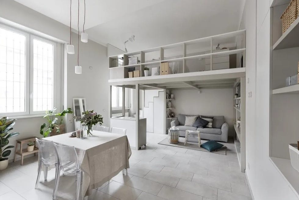 apartamento loft de 38 m2 monocromático de distribución abierta con salón, dormitorio y comedor