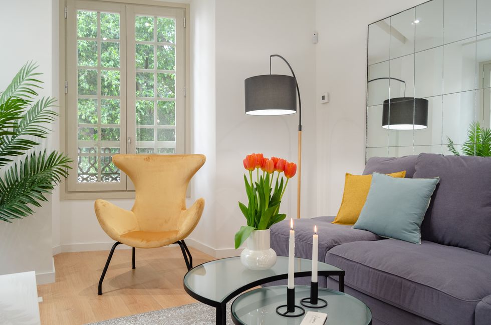salón de estilo elegante decorado con plantas y una butaca de terciopelo mostaza