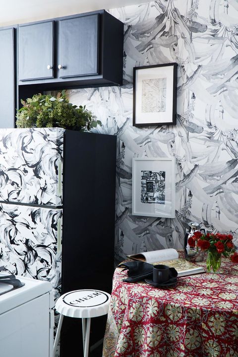 kitchen with black and white removable wallpaper