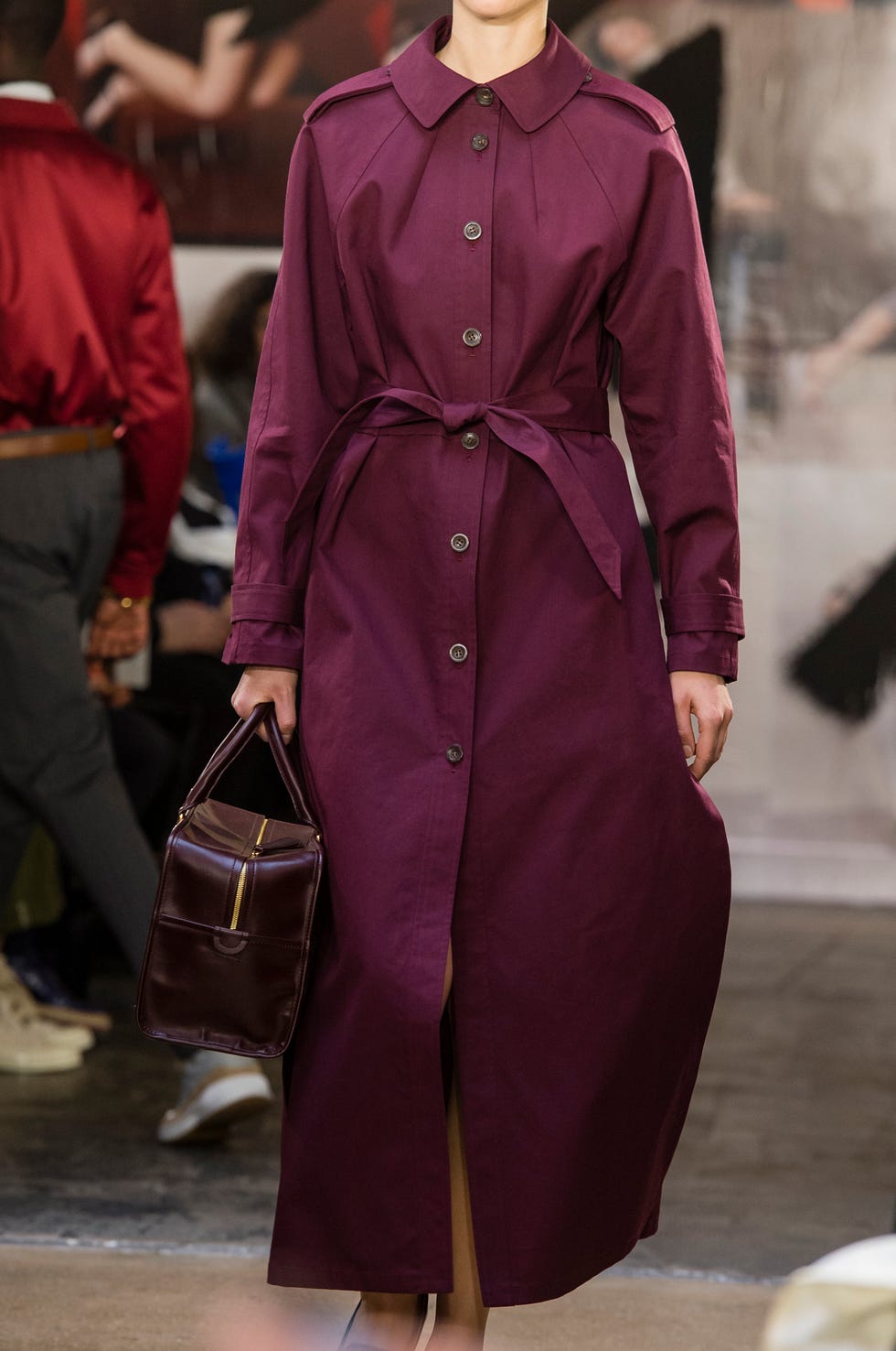 Clothing, Fashion, Purple, Outerwear, Coat, Overcoat, Trench coat, Maroon, Human, Fashion show, 