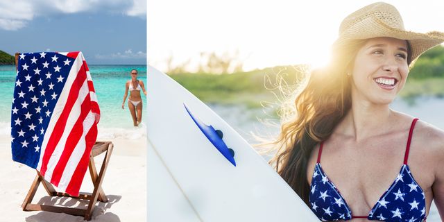 Festeggia il 4 luglio, la festa di indipendenza americana, in costume da bagno con i bikini e i costumi interi con la bandiera americana: l'emblema del sogno che diventa realtà è a portata di click.