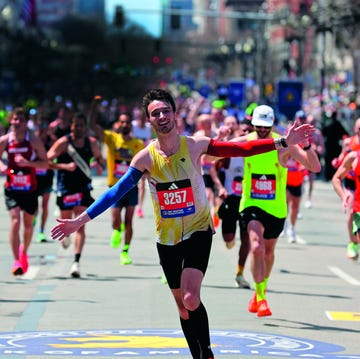 128th Boston Marathon boston , ma april 15: guy jacques flies into the finish line during the 128th boston marathon. (photo by matt stone/medianews group/boston herald via getty images)