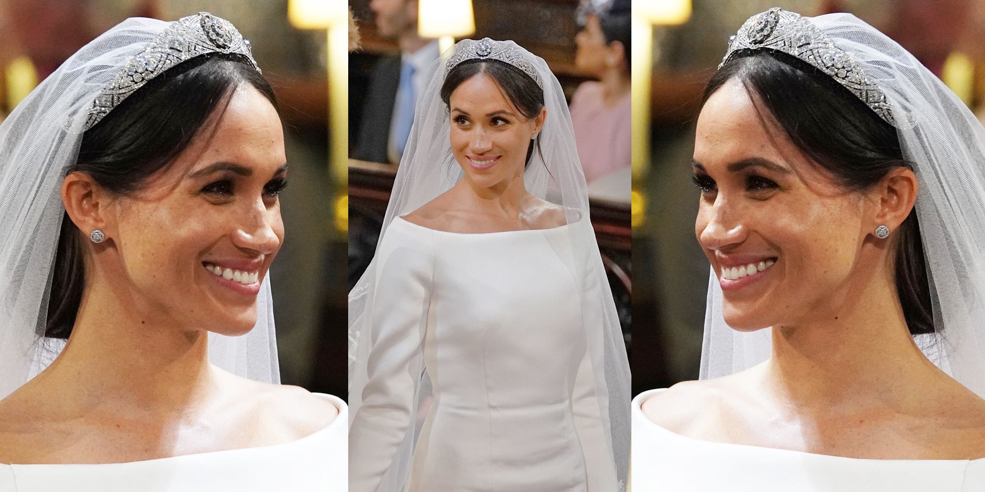 La tiara di Meghan Markle indossata sotto al velo, con l'abito da sposa di Givenchy, è un pezzo raro prestato dalla Regina Elisabetta: si chiama Queen Mary’s Lozenge Bandeau in diamanti in stile art déco.