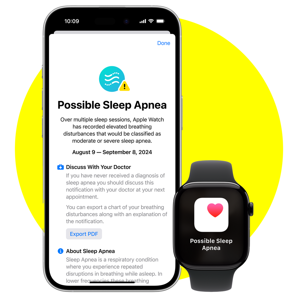 notification about potential sleep apnea on a smartphone screen with an apple watch displaying a related icon