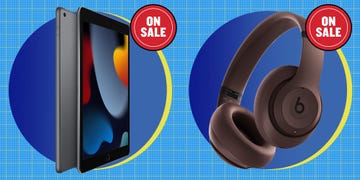 tablet and headphones on sale displayed against a blue grid background