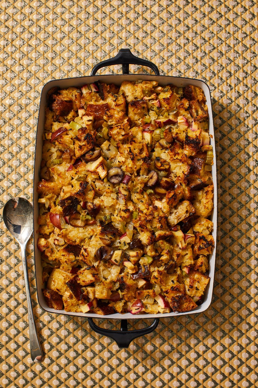 apple chestnut stuffing in a baking dish