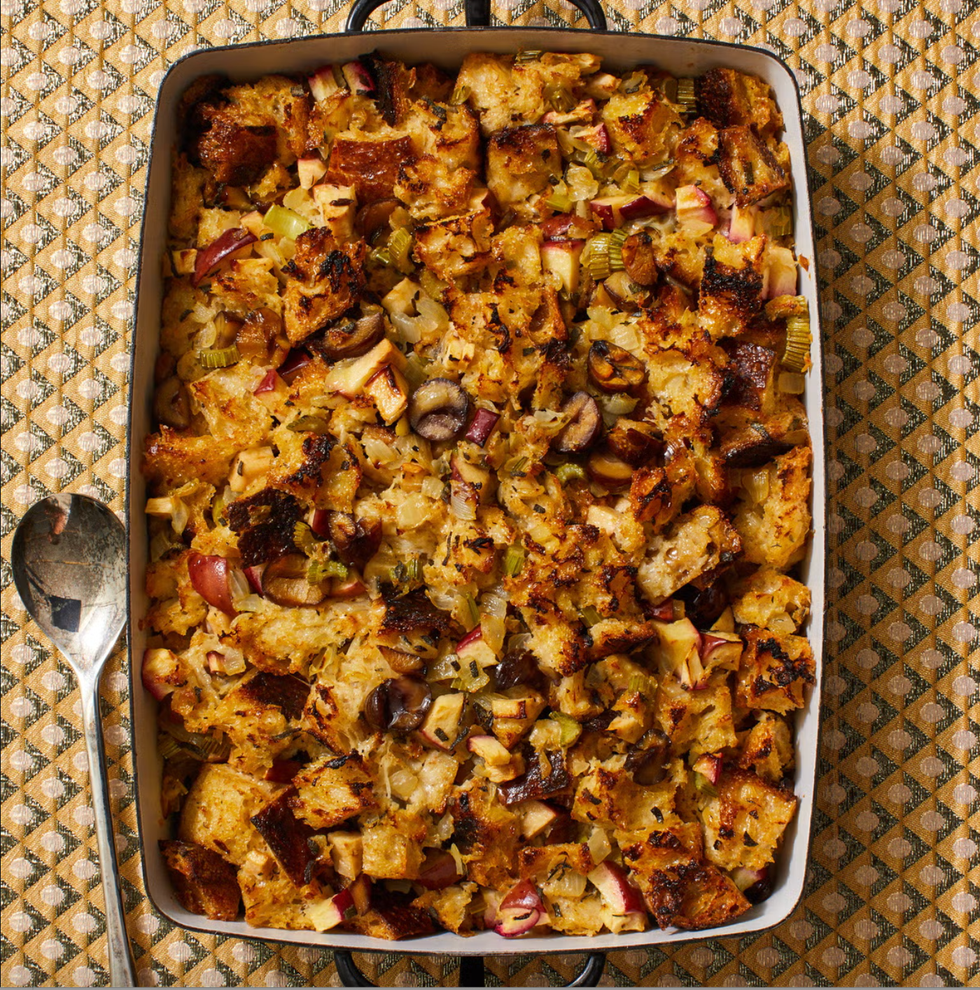 apple chestnut stuffing in casserole dish