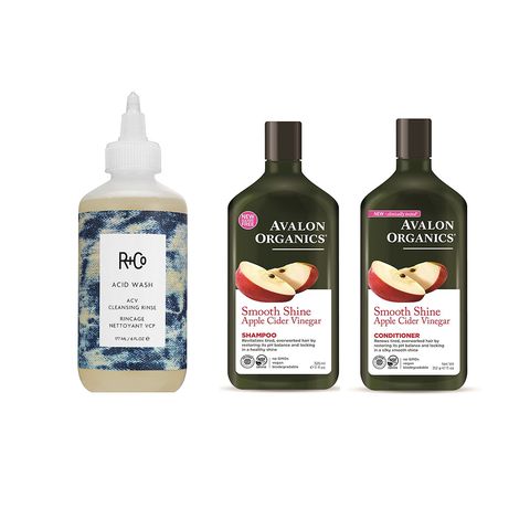 R+Co Acid Wash ACV Cleansing Rinse; Avalon Organics Smooth Shine Apple Cider Vinegar Shampoo