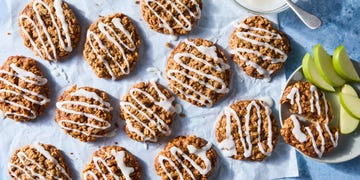 apple cookies topped with an icing drizzle