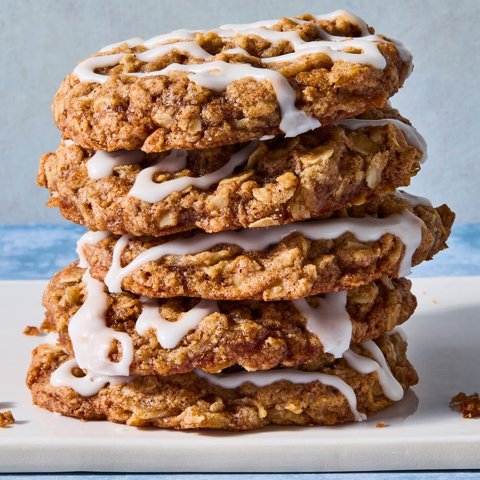 apple cookies topped with an icing drizzle