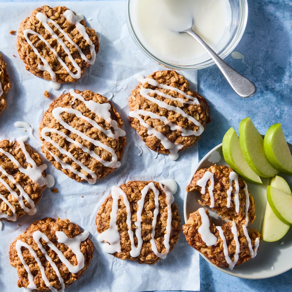 apple cookies topped with an icing drizzle