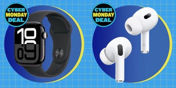 smartwatch and wireless earbuds with a cyber monday promotion