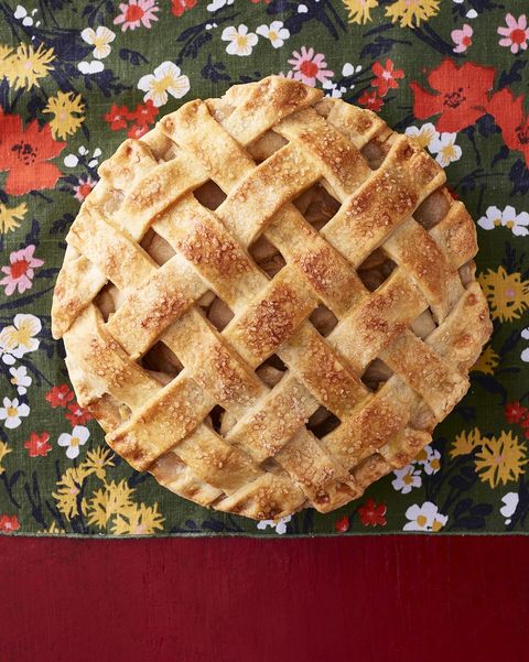 apple pear lattice pie overhead on floral linen