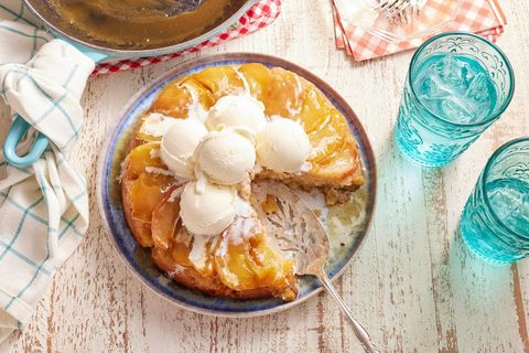 skillet apple cake with scoops of ice cream on top