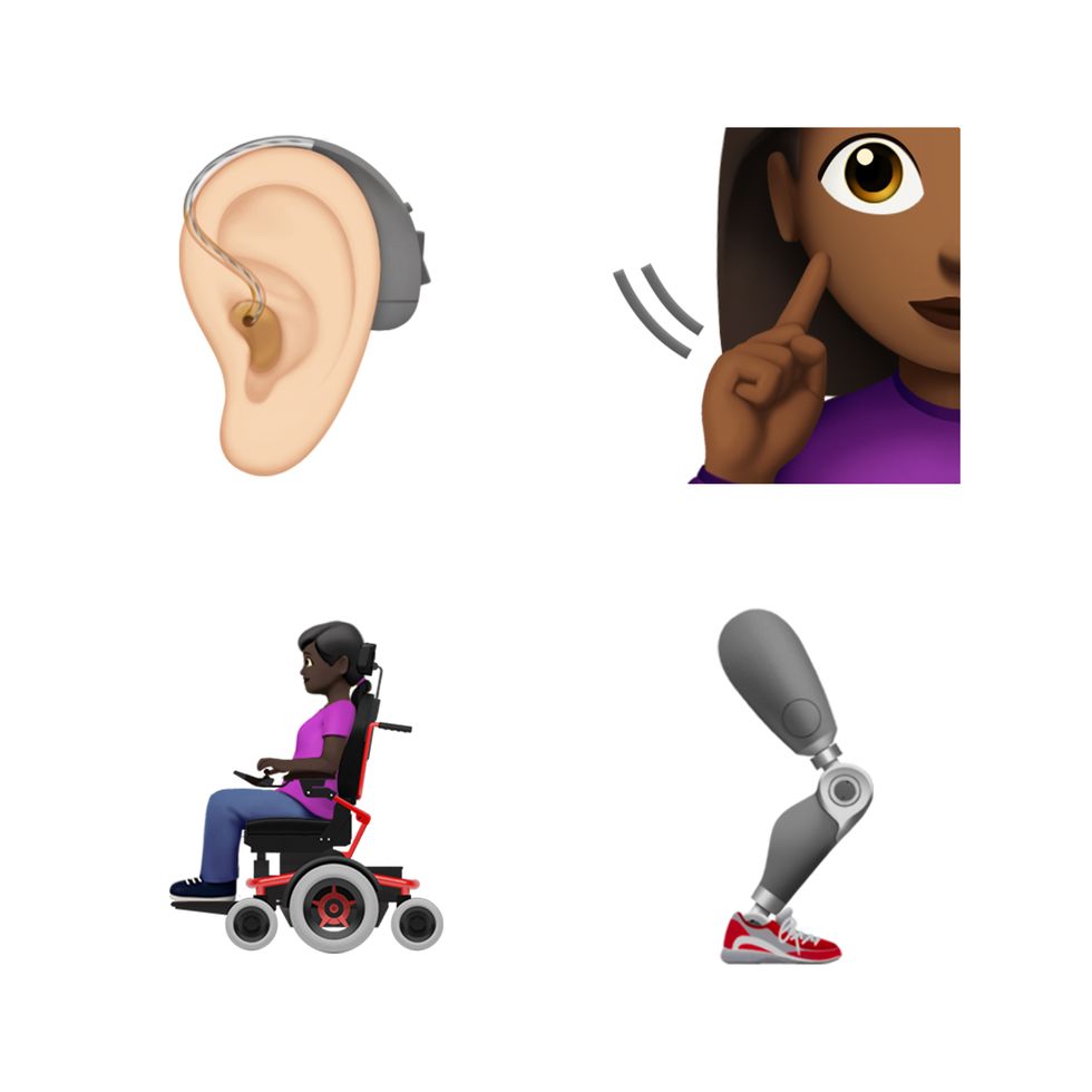 Apple disability emojis - hearing aid, deaf girl, wheelchair, prosthetic leg