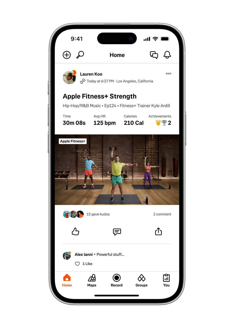 workout session information displaying fitness statistics and user interactions