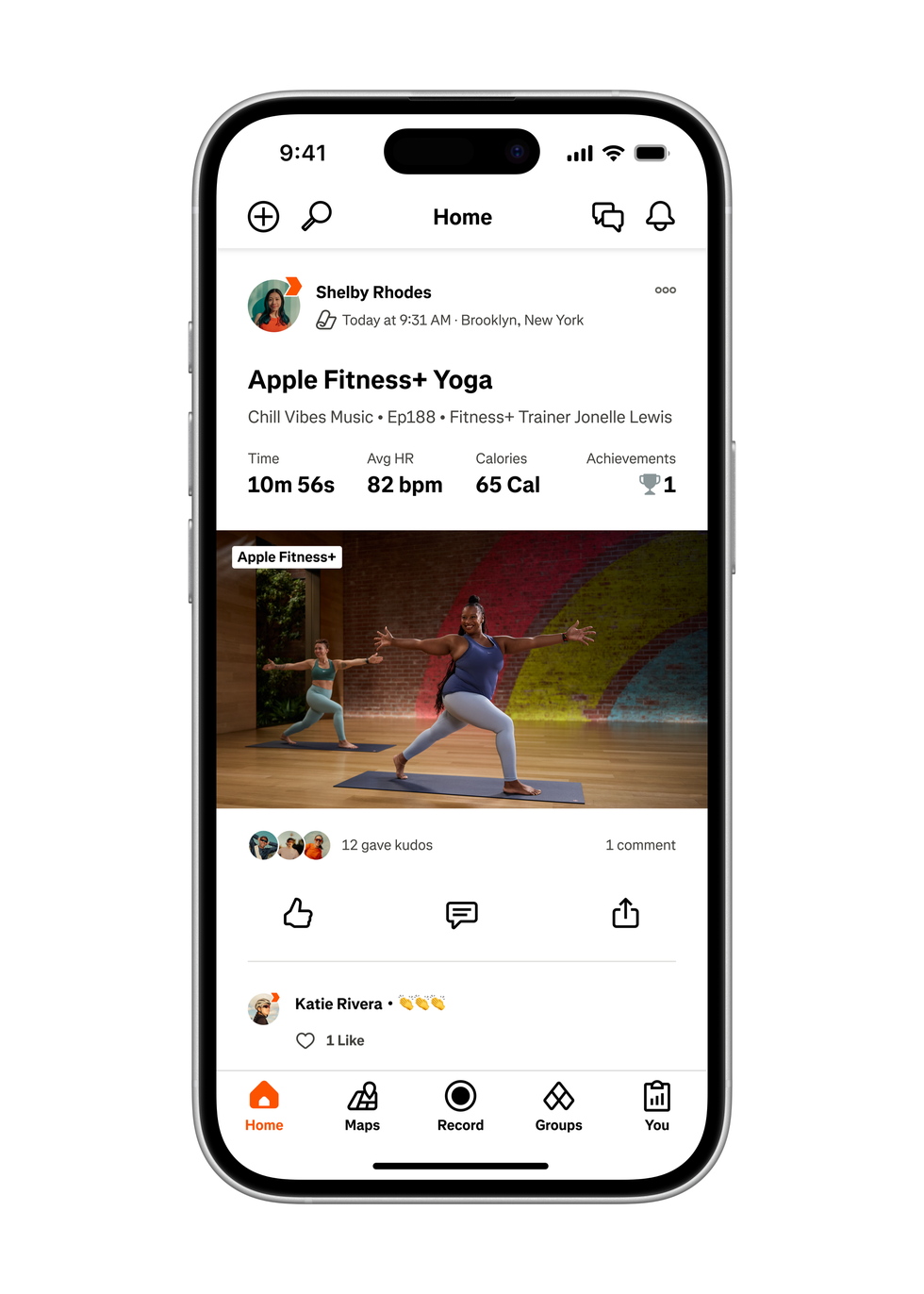 yoga workout session titled apple fitness yoga with performance metrics displayed