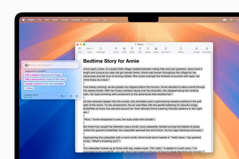 a document titled bedtime story for annie open on a macbook screen with apple intelligence writing tools and editing suggestions visible