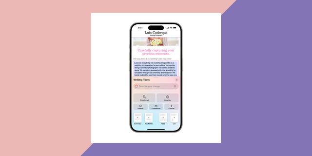 mobile device displaying a wedding photography service page with client testimonials, as well as apple intelligence writing tools