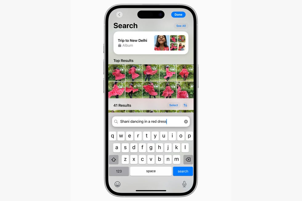 mobile phone screen displaying a search for photos from a trip