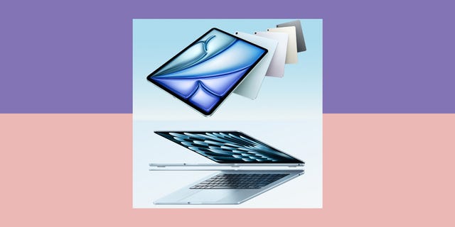 display of ipad air and a macbook air laptop showcasing their design and color options
