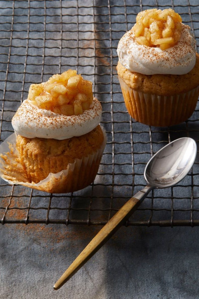 apple pie cupcakes on a wire rack