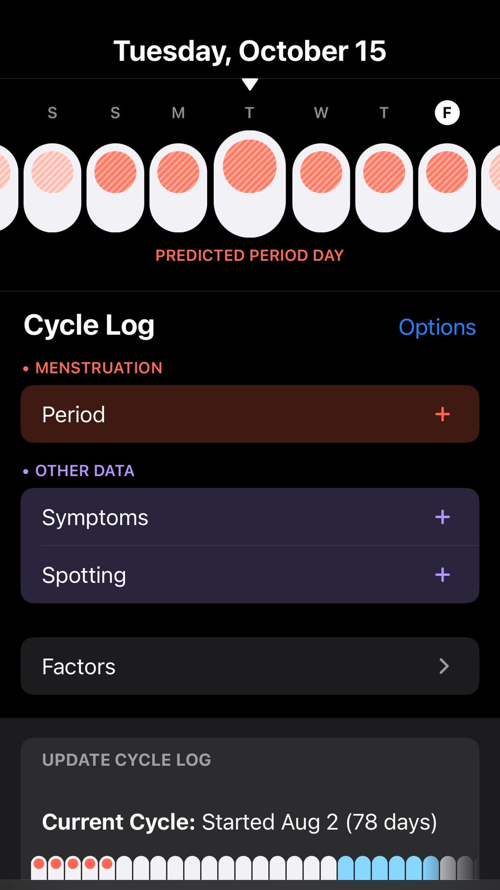 The display shows a calendar view with a series of circles representing the days of your menstrual cycle, and the current date is highlighted as your expected period date.