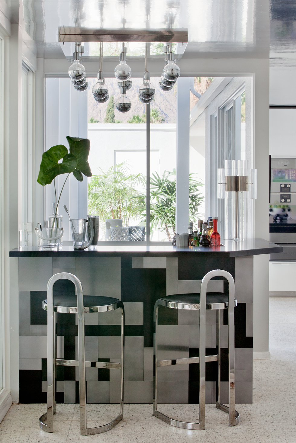 home bar ideas, silver bar stools