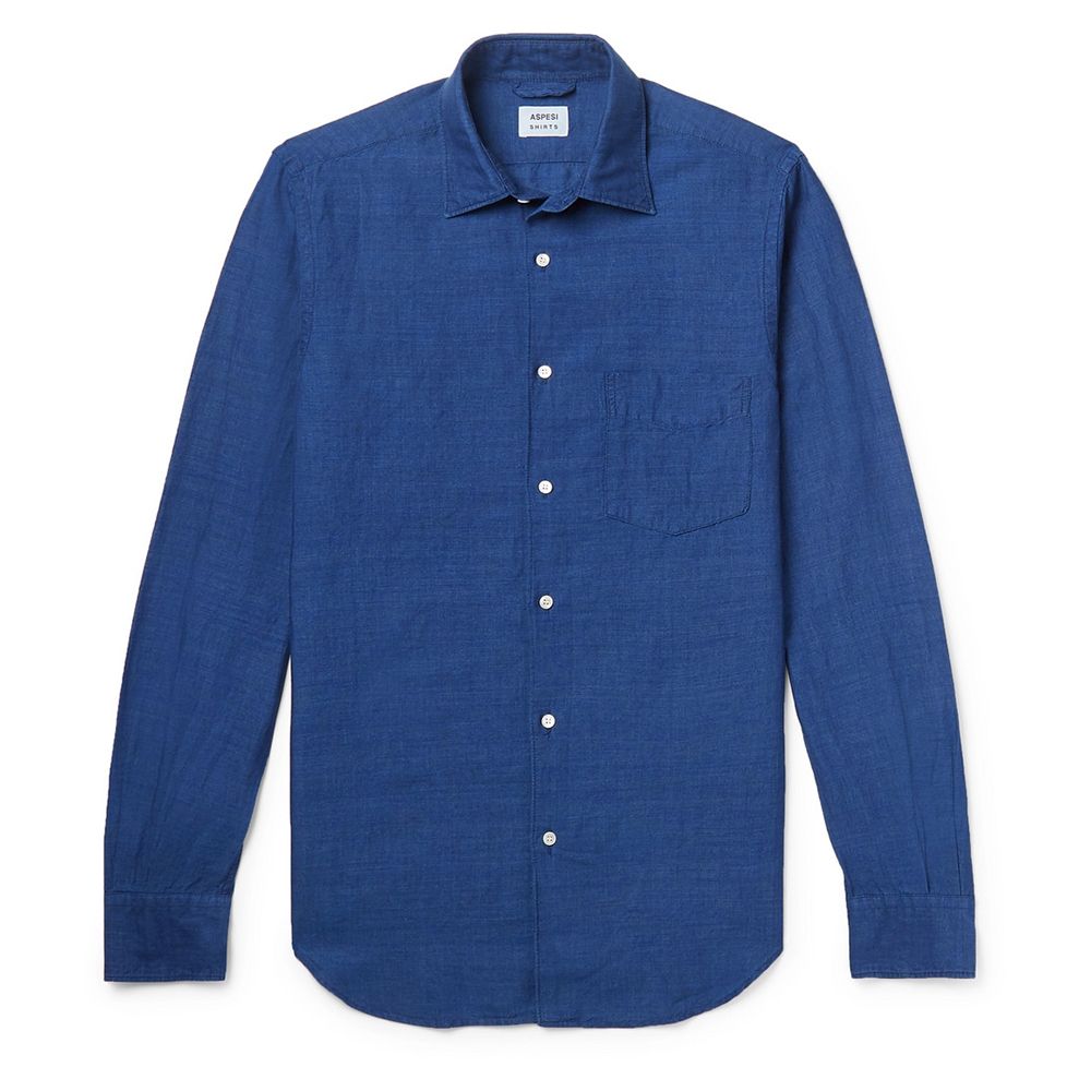 Clothing, Blue, Sleeve, Cobalt blue, Collar, Shirt, Button, Outerwear, Dress shirt, Denim, 