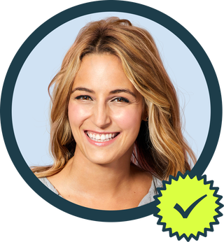 april franzino headshot with a check mark and blue background