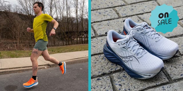a runner in athletic apparel alongside a pair of running shoes on sale