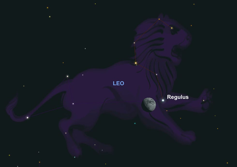 De wassende maan staat dicht bij de belangrijkste ster van het sterrenbeeld Leeuw op 24 april