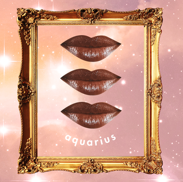 three smiling lips are lined up inside a golden picture frame in front of a pink cloudy sky full of stars the word "aquarius" can be seen beneath the bottom lip