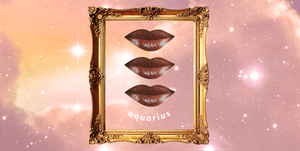 three smiling lips are lined up inside a golden picture frame in front of a pink cloudy sky full of stars the word "aquarius" can be seen beneath the bottom lip