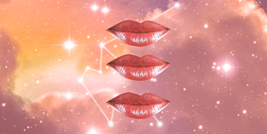 three lips slightly smiling in the sky with a constellation behind them