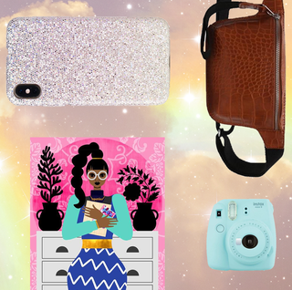 a set of gifts on a starry background, including a polaroid camera, poster, sparkly phone case, and brown belt bag
