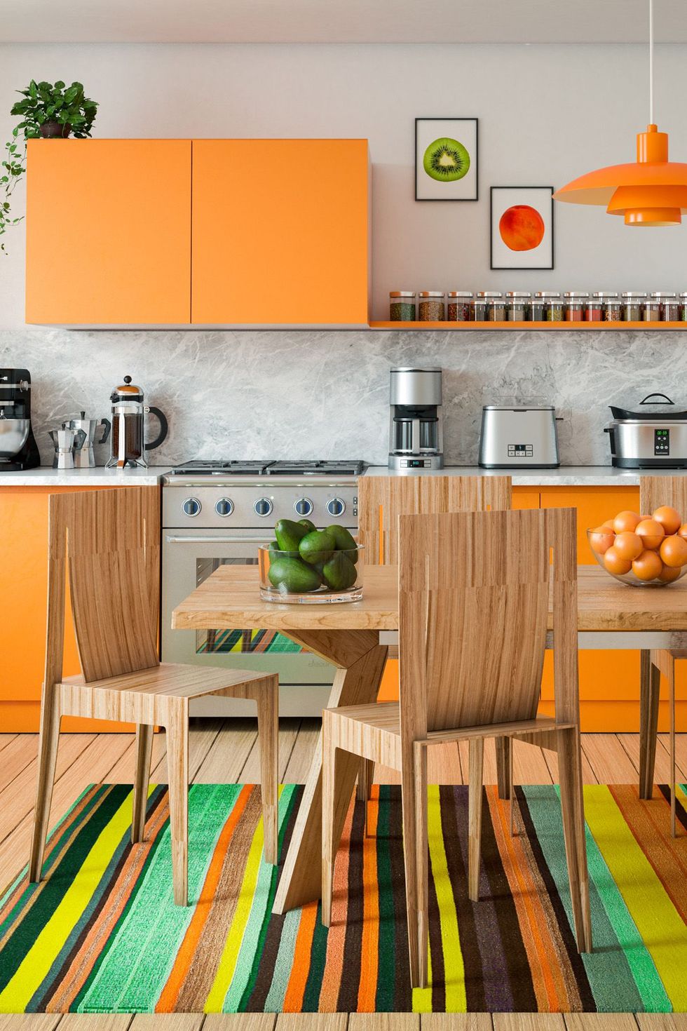 Orange, Room, Kitchen, Yellow, Furniture, Green, Interior design, Product, Turquoise, Floor, 