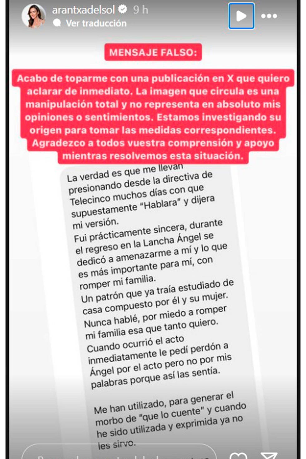 arantxa del sol reaccion veto mediaset