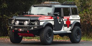 arb’s service unit bronco suv takes inspiration from the rugged, capable medical service vehicles used in the early 1900s and gives the concept a modern upgrade tube doors, an under hood air compressor, jack mount, winch and light bar ensure that this bronco custom creation can drive anywhere it needs to go image via arb