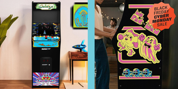 two retro arcade game cabinets featuring galaga and ms pacman, black friday cyber monday sale