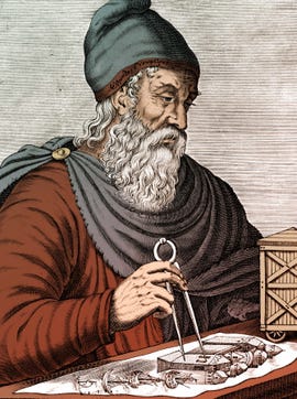 engraving of mathematician and engineer archimedes sitting at desk