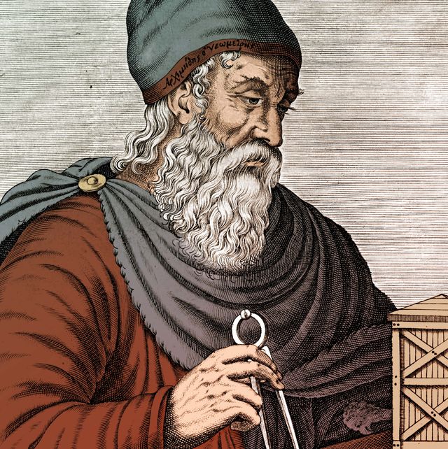 engraving of mathematician and engineer archimedes sitting at desk
