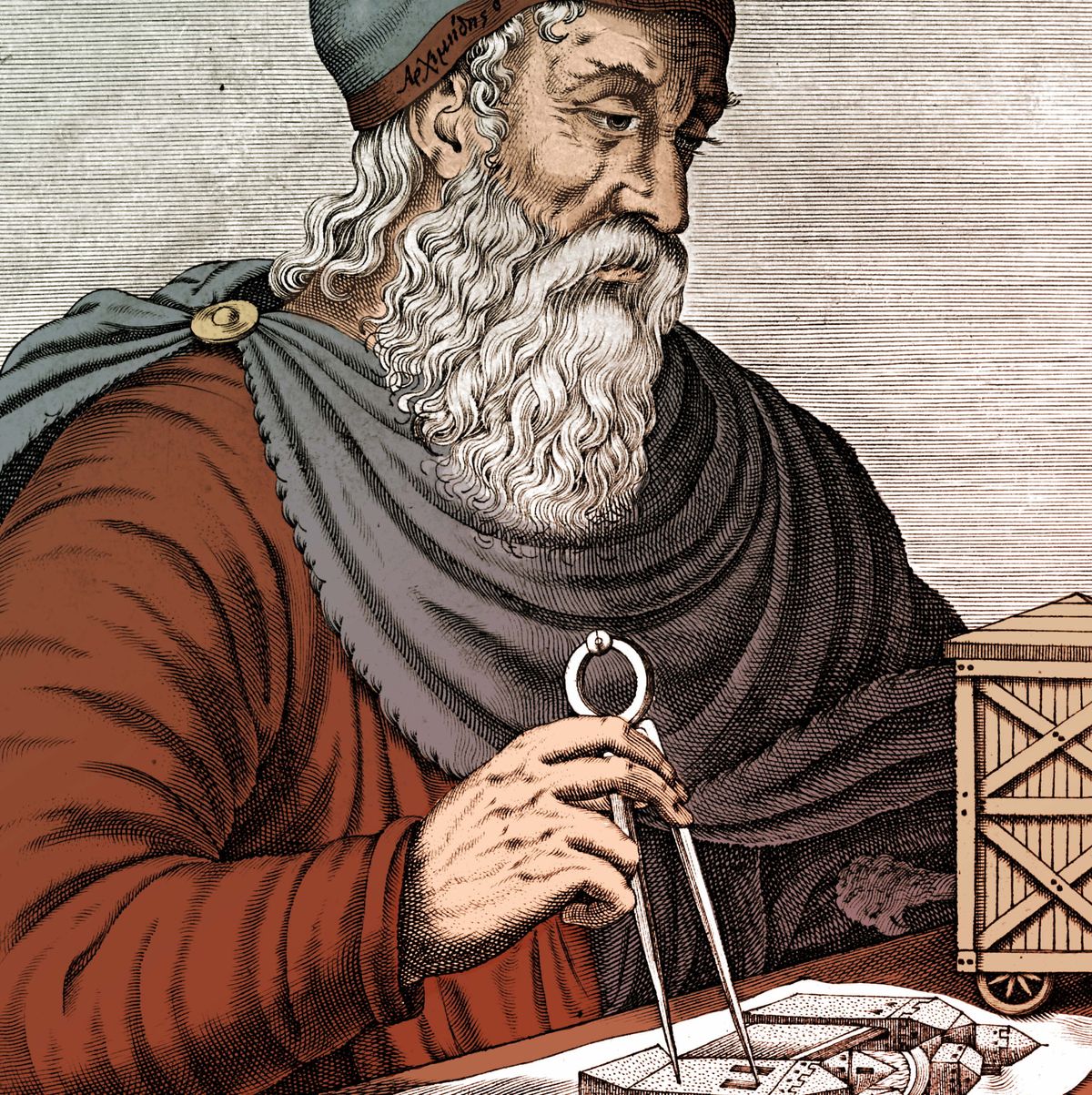 engraving of mathematician and engineer archimedes sitting at desk