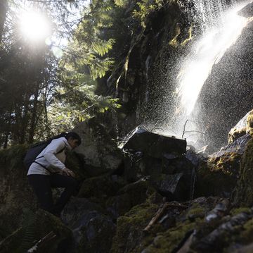 hiking at waterfall