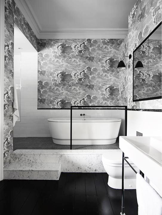 White and Grey Wallpaper  Transitional  bathroom  Cory Connor Design
